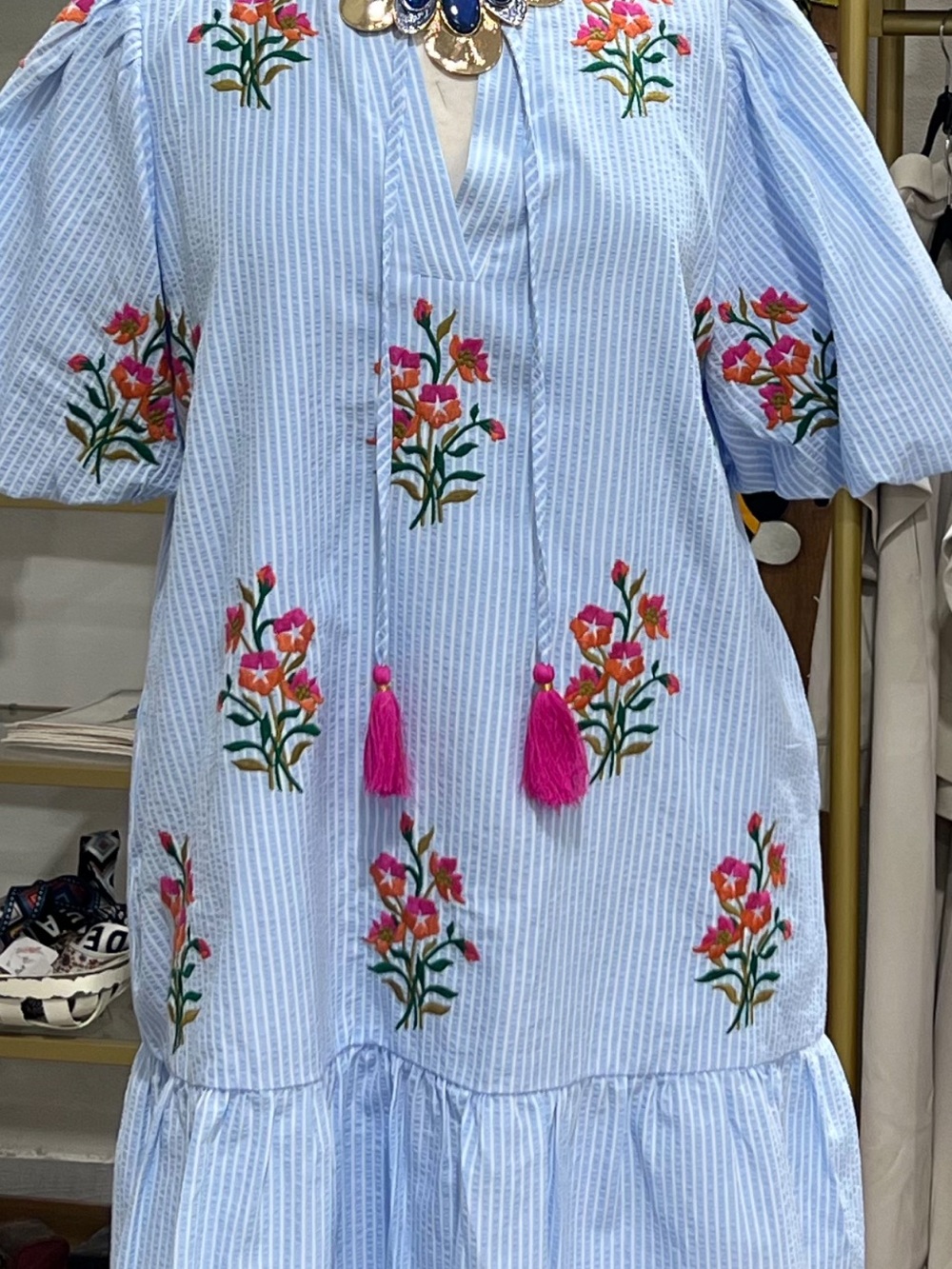 THML Light Blue Striped Mini Dress with Pink Floral Embroidery and Tassels - Picture 1 of 5